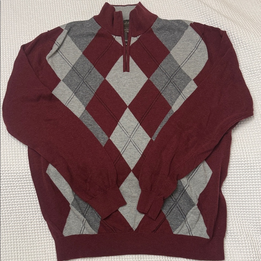 Men's Burgundy Tasso Elba Argyle Half-Zip Cotton Sweater - Large